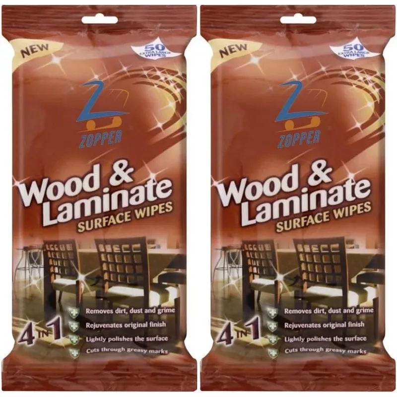ZOPPER 2 x 50 Wood & Laminate Surface Cleaning Wipes Extra Large Size Removes Grime Dirt & Stain Kill 99.9% Of Bacteria With Quick Drying Formula